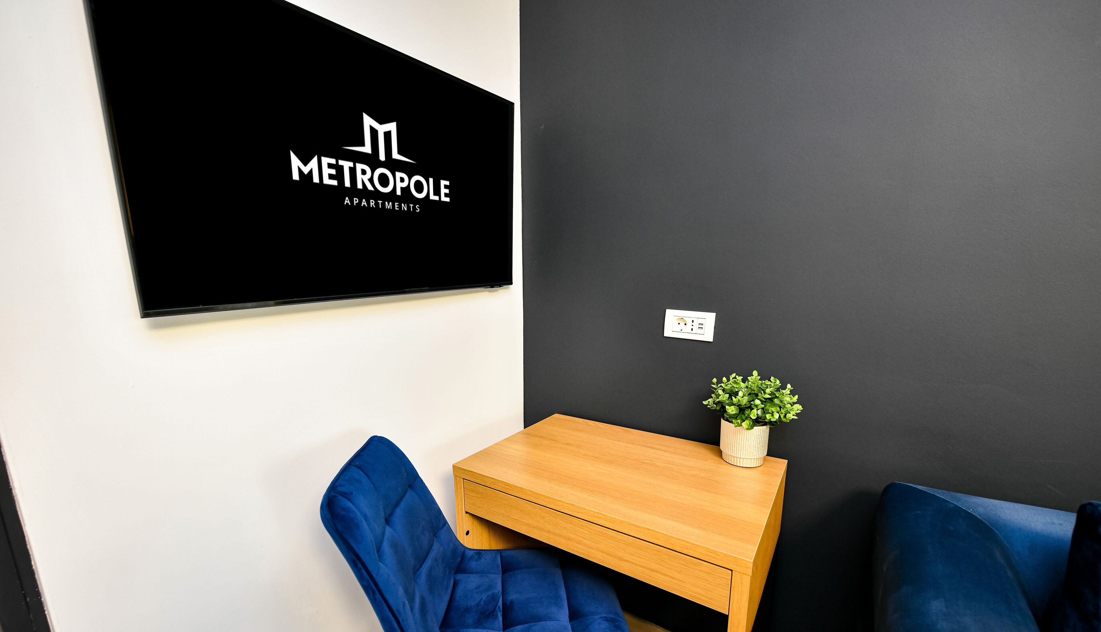Una habitación moderna con una pared negra, una mesa de madera, una silla azul y una planta en maceta.