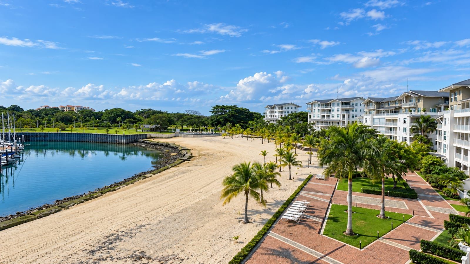 A beachfront hotel with a sandy beach, palm trees, and a clear blue sky.