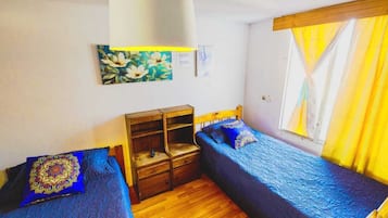 Habitación económica con 2 camas individuales | Espacio para trabajar con laptop y tabla de planchar con plancha