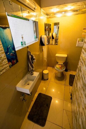 Chambre quadruple familiale | Salle de bain | Douche, douche cascade, séchoir à cheveux, savon