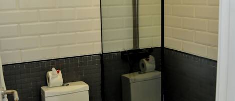 A bathroom with a white toilet, a black and white tiled floor, and a glass shower enclosure.