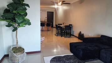 A living room with a black sofa, a coffee table, and a large plant. There is a dining area with a table and chairs in the background.