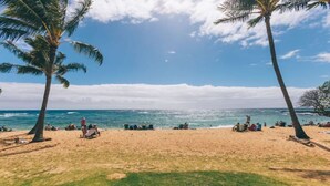 A beach with palm trees, a sandy shore, and the ocean. - Kiahuna Paradise condo with A/C (Koloa)