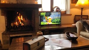 Una sala de estar acogedora con chimenea, televisión y una mesa con una caja etiquetada 'VICARIE SAN-DIEG'.