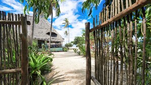 A thatched-roof house with a sandy pathway leading to it, surrounded by tropical vegetation. - THE PALMS VILLA - Six Bedroom Villa, Sleeps 12 (South East Zanzibar)