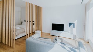 A modern, minimalist bedroom with a bed, a TV, and a sofa.