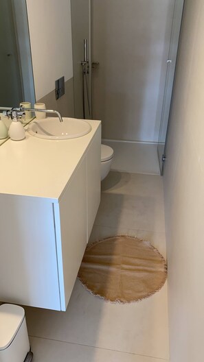 Hair dryer, towels, shampoo
