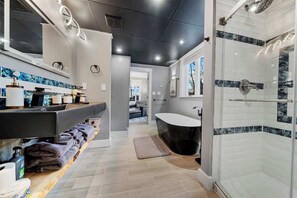Shower, hair dryer, shampoo