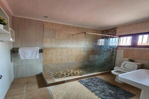 Douche, serviettes fournies, savon, papier toilette