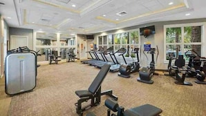 A gym with treadmills, elliptical machines, and weight equipment.