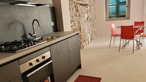 Une cuisine moderne équipée d’une cuisinière à gaz, d’un four et d’un tapis rouge sur le sol.