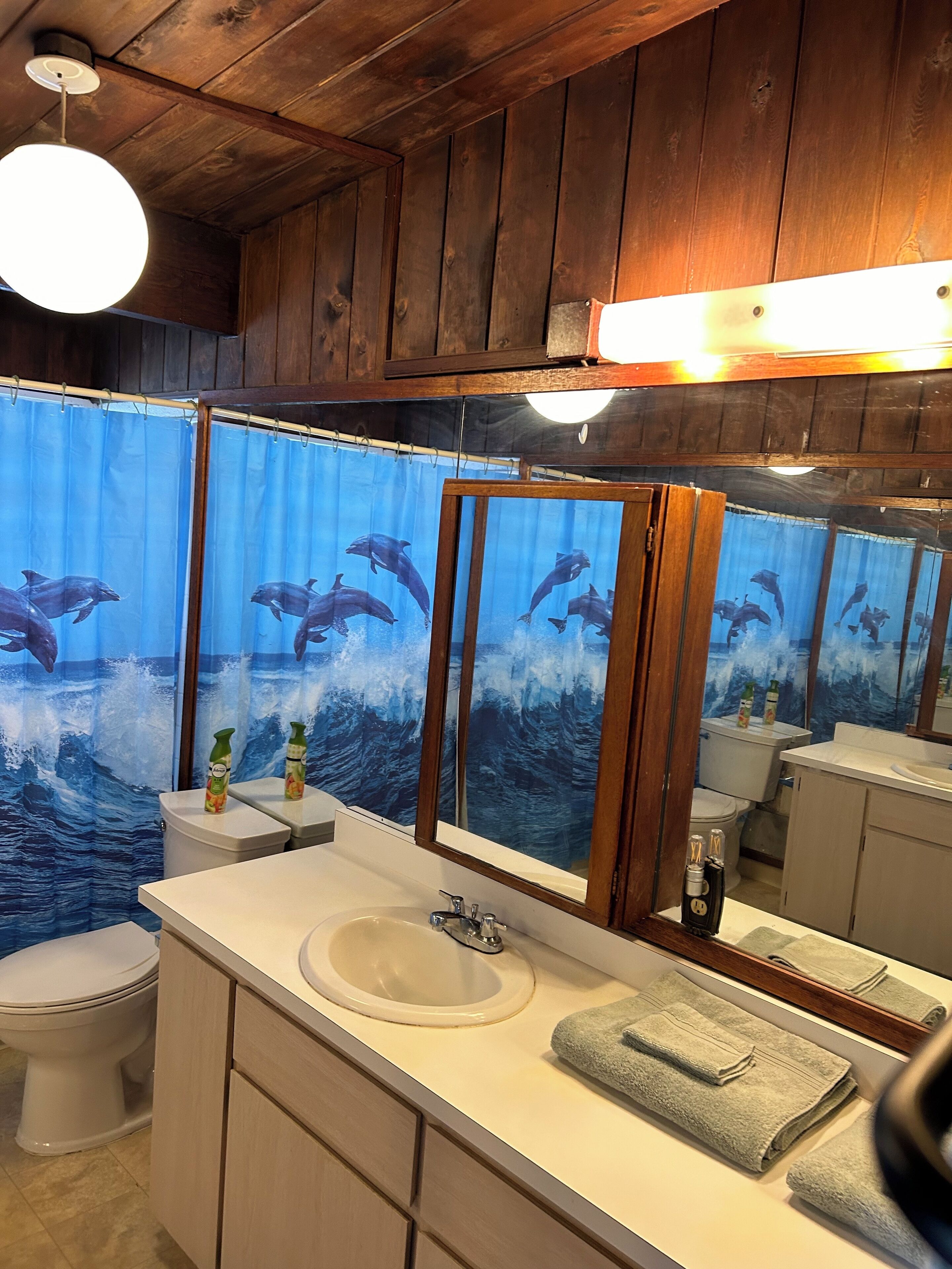 A bathroom with wooden paneling, a large mirror, a sink, and a toilet.