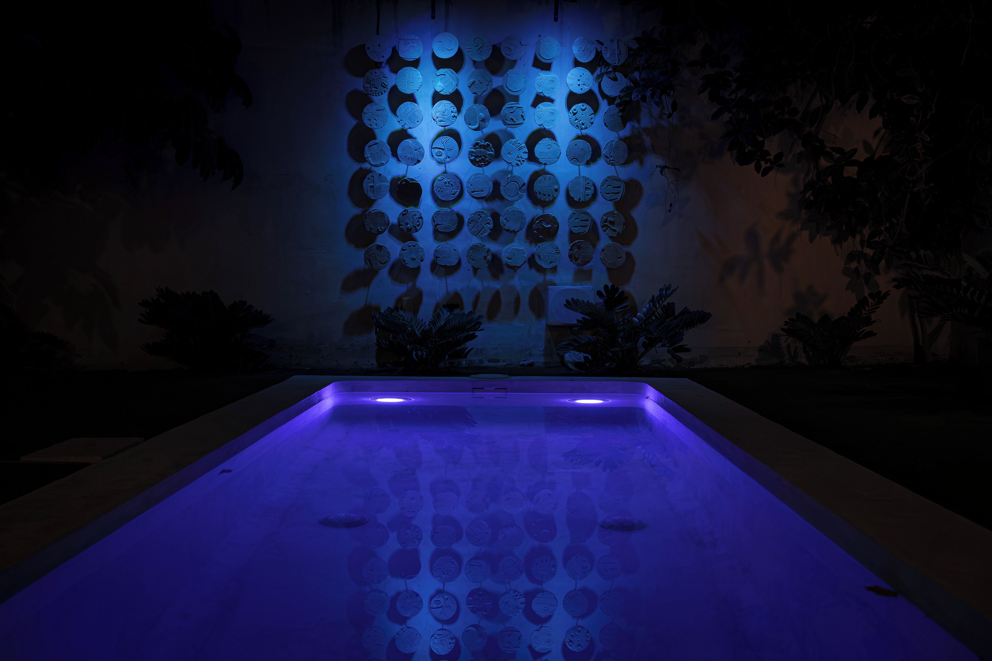 A swimming pool with a wall of decorative tiles.