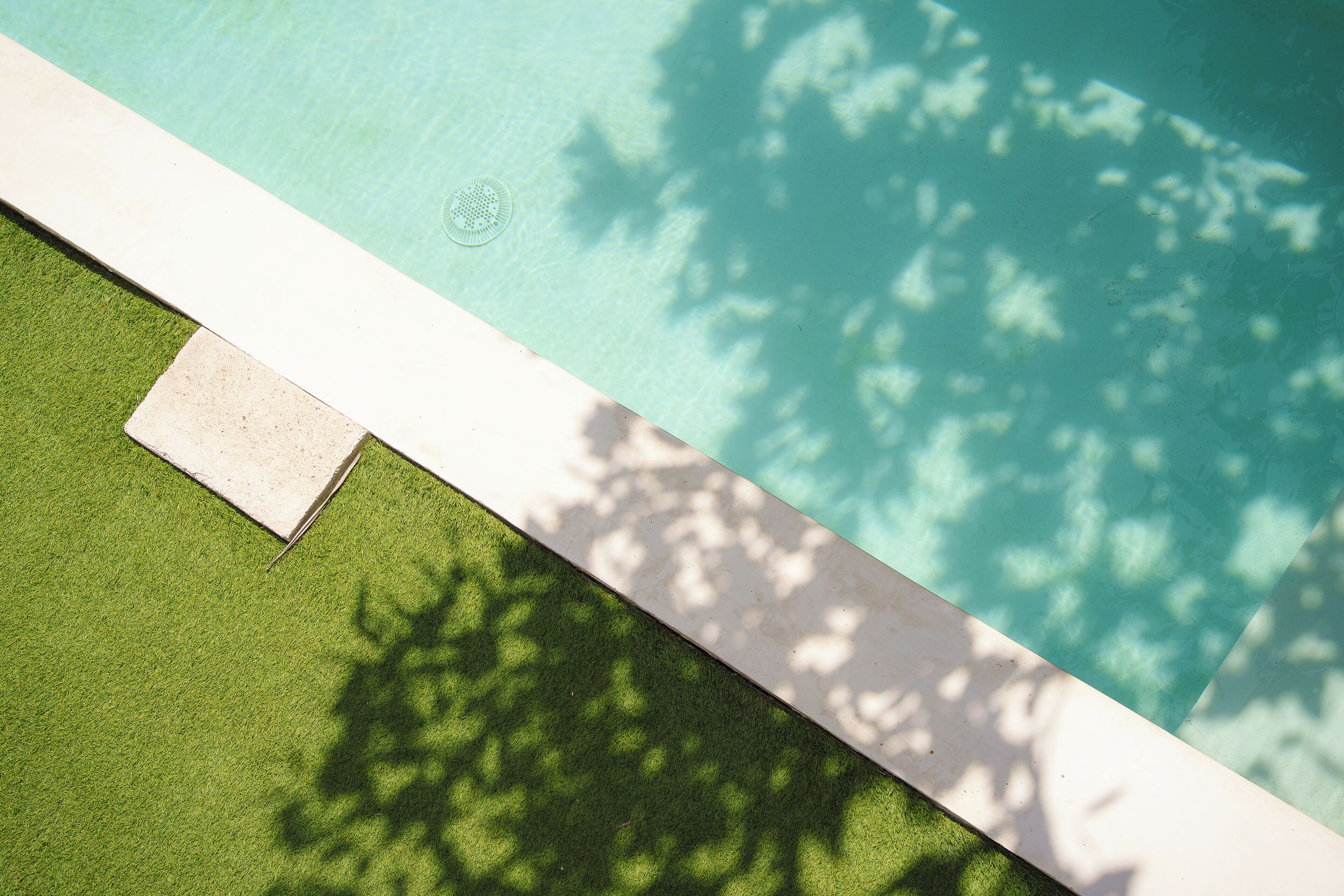 A pool with a clear blue water surface, surrounded by a green lawn and a white edge.
