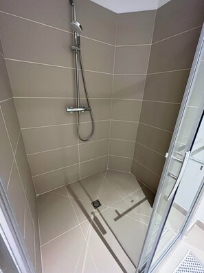 Shower, hair dryer, towels, toilet paper