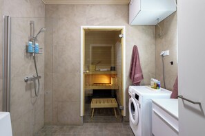 Hair dryer, towels, soap, toilet paper