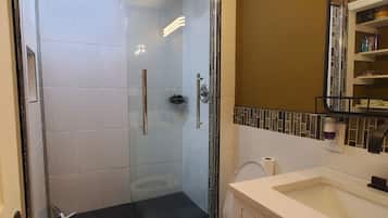 Hair dryer, towels, soap, shampoo