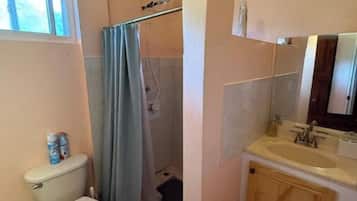 Hair dryer, towels, soap, toilet paper