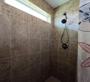 Shower, hair dryer, towels