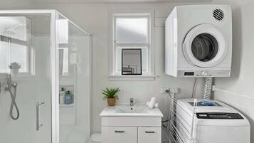 Ein modernes Badezimmer mit einer Duschkabine aus Glas, einem integrierten Waschbecken mit kleiner Pflanze, einem Spiegel über dem Waschbecken und einer wandmontierten Waschmaschine.