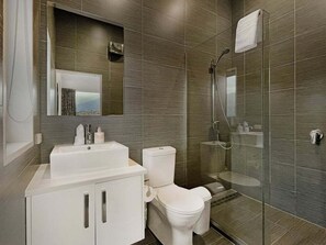 Shower, hair dryer, towels