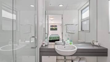 Shower, hair dryer, towels