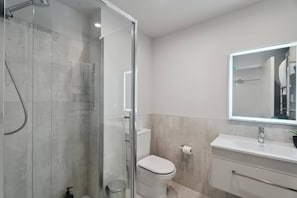 Shower, hair dryer, towels