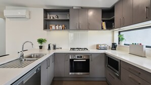 A modern kitchen with a built-in dishwasher, oven, and a stainless steel sink. - Remarkable Lake View (Queenstown)