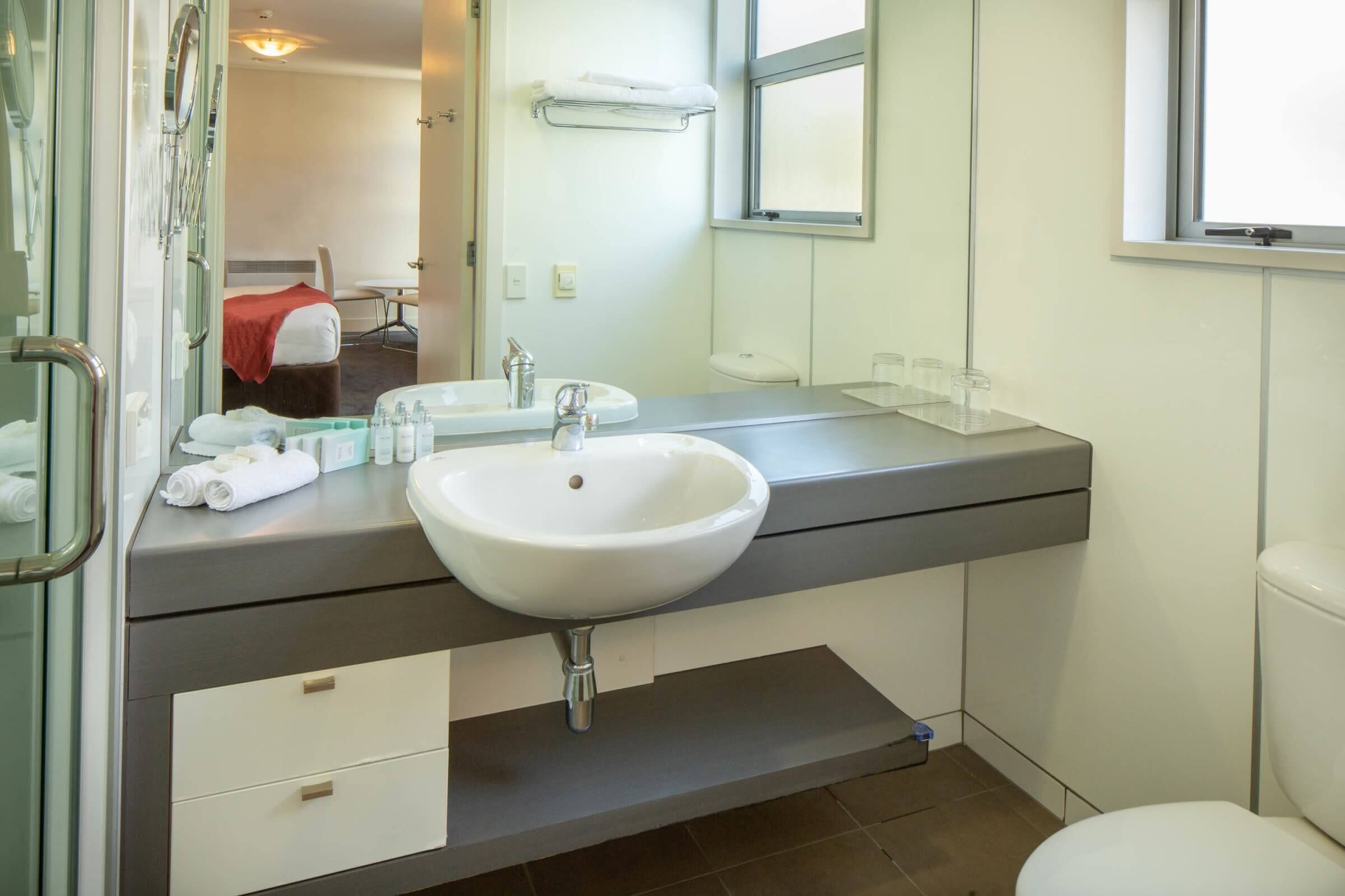 Shower, hair dryer, towels