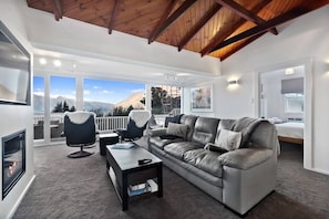 TV, fireplace, books