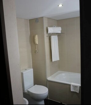 Hair dryer, bidet, towels, soap