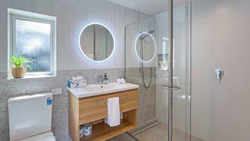 Shower, hair dryer, towels