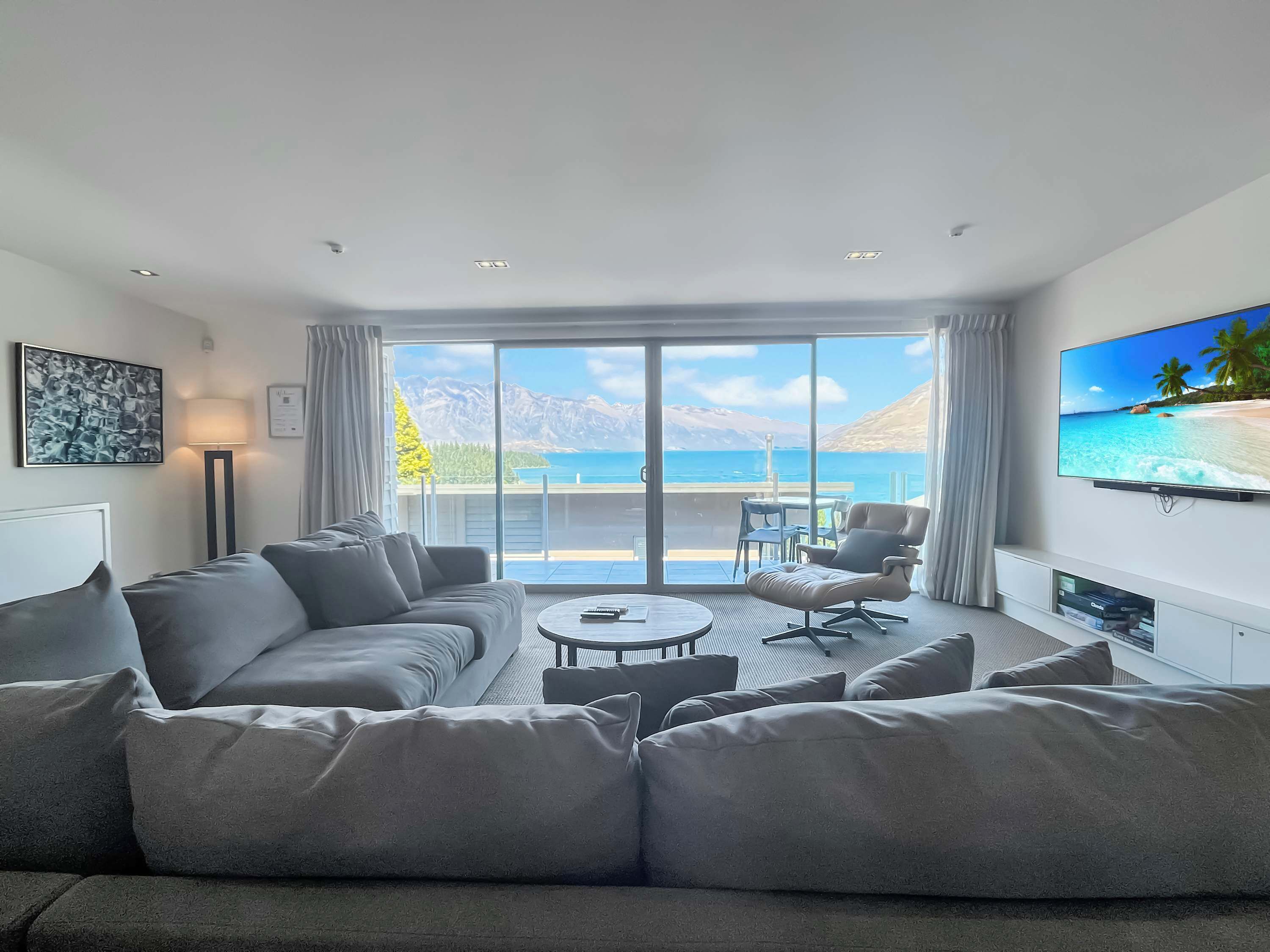 TV, fireplace, books