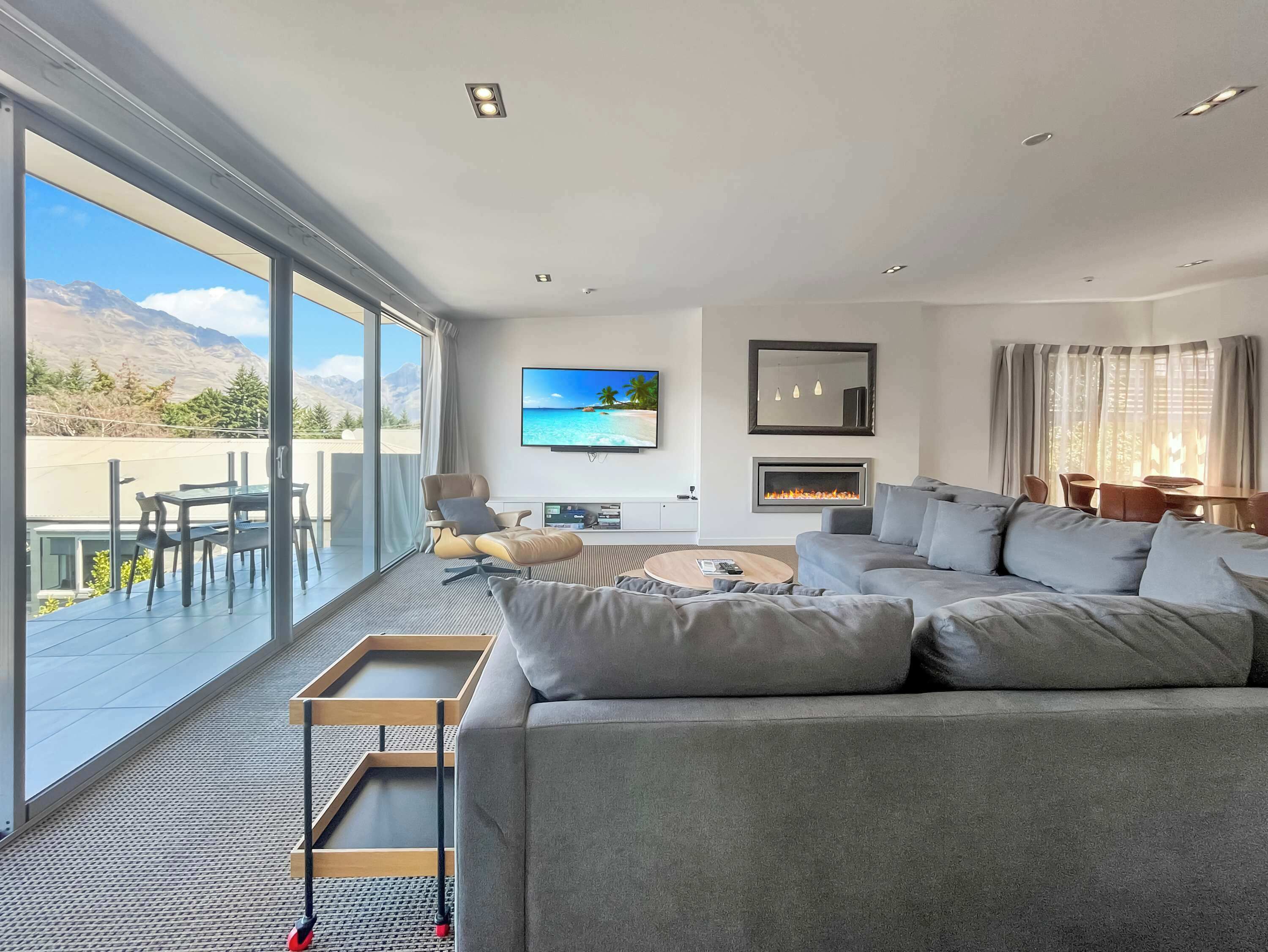 TV, fireplace, books