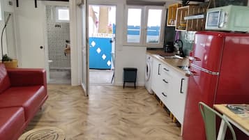 Fridge, microwave, stovetop, coffee/tea maker