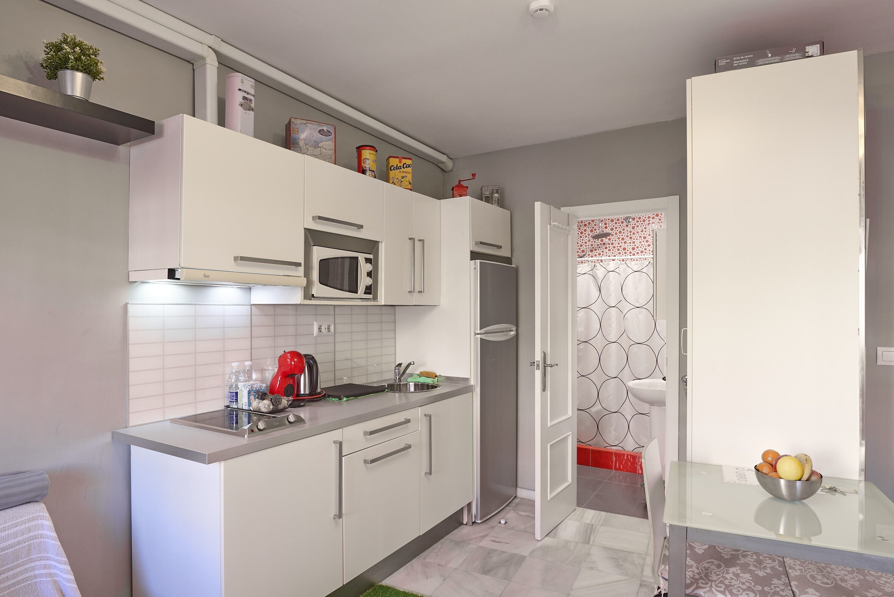 Fridge, microwave, stovetop, coffee/tea maker