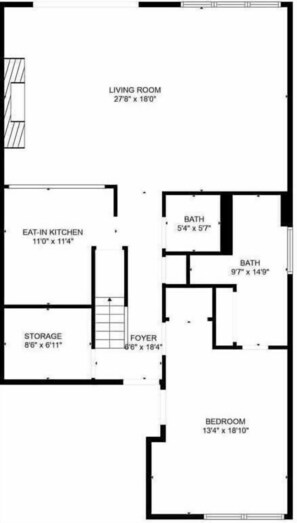 Plano de planta que muestra una sala de estar, dos baños, una cocina con comedor, un dormitorio, un área de almacenamiento y un vestíbulo.