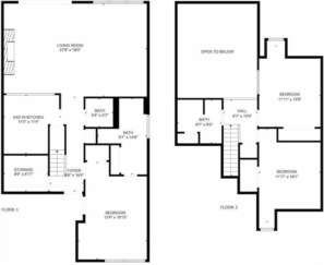 Dos planos de planta de una casa que incluyen sala de estar, cocina, dos habitaciones, dos baños, un vestíbulo y un espacio de almacenamiento.