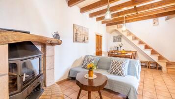 Een televisie en een open haard