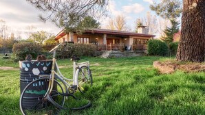 A house with a porch, a bicycle, and a barrel with pinecones.