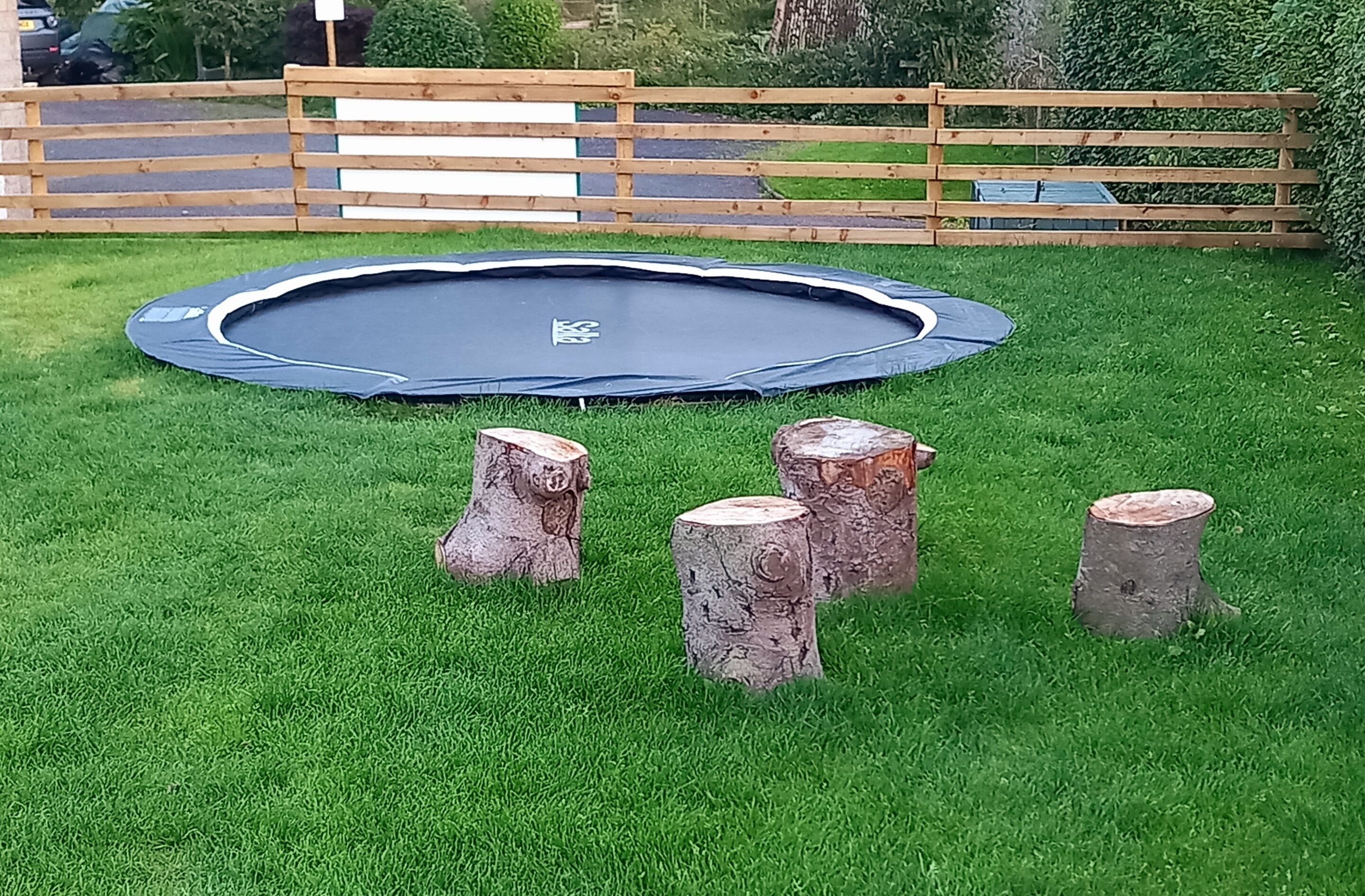 Un trampolín rodeado por cuatro tocones de árboles sobre un césped.