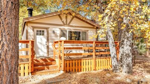 A cabin with a porch, wooden deck, and a stone pathway leading to the entrance.