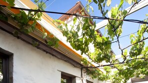 Un bâtiment blanc avec un escalier menant à une porte, entouré de verdure et de plantes en pot.