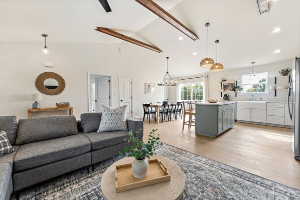 Smart TV, fireplace, foosball