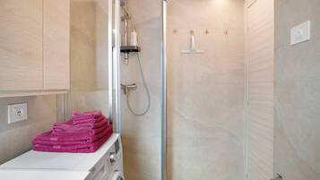 Shower, hair dryer, towels