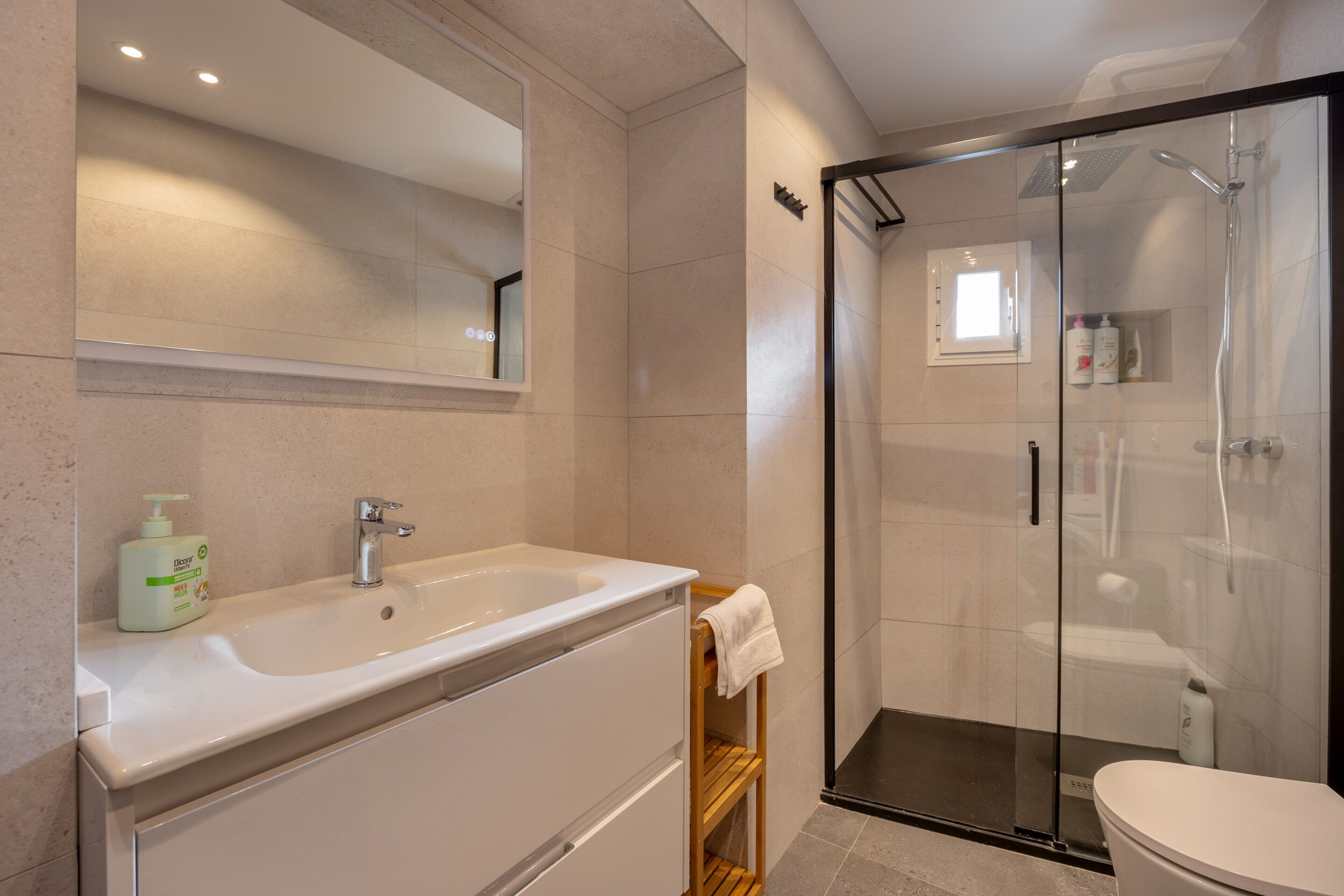 Shower, hair dryer, towels
