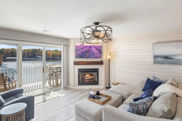 Smart TV, fireplace, books