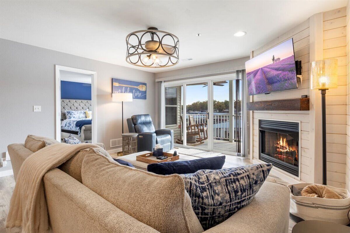 Smart TV, fireplace, books