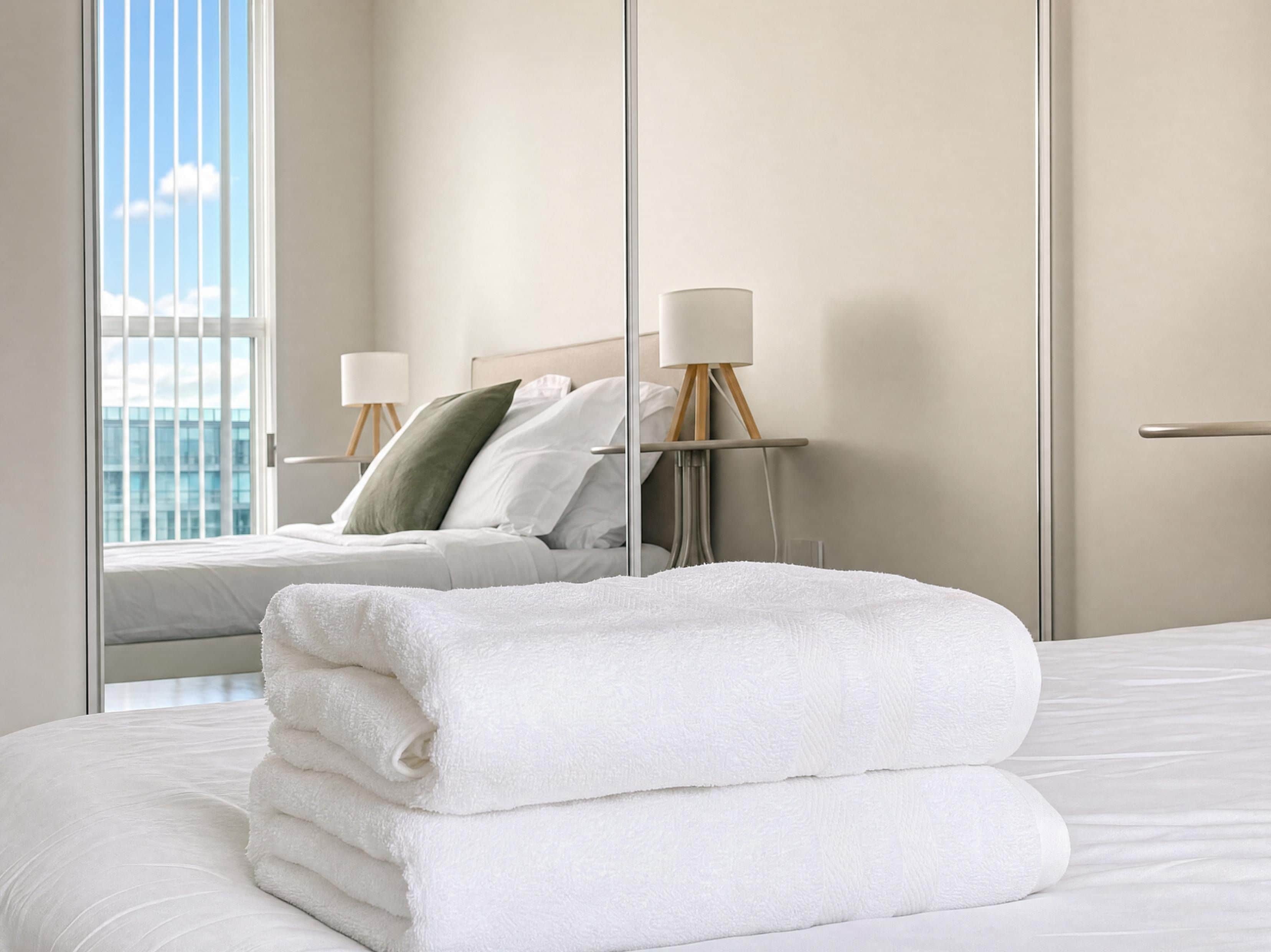 Een hotelkamer met een bed, een nachtkastje met een lamp en uitzicht op de stad.