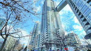 A modern high-rise building with a glass facade, surrounded by leafless trees and parked vehicles. - Panorama Suites-Fort York (Toronto)